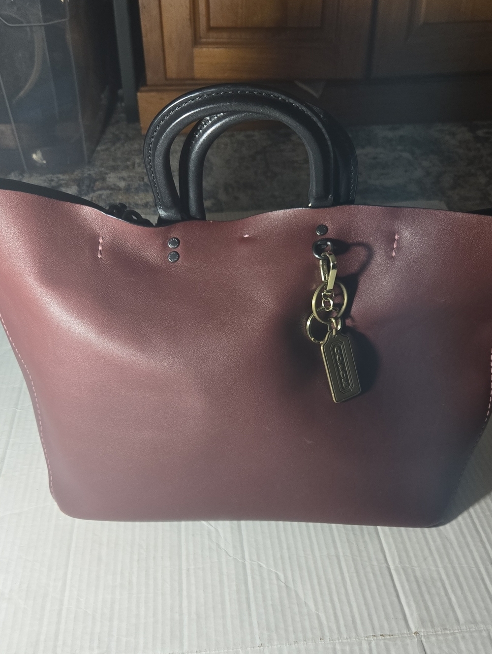 Coach 1941 Tote Burgundy Leather Bag with Black Handles